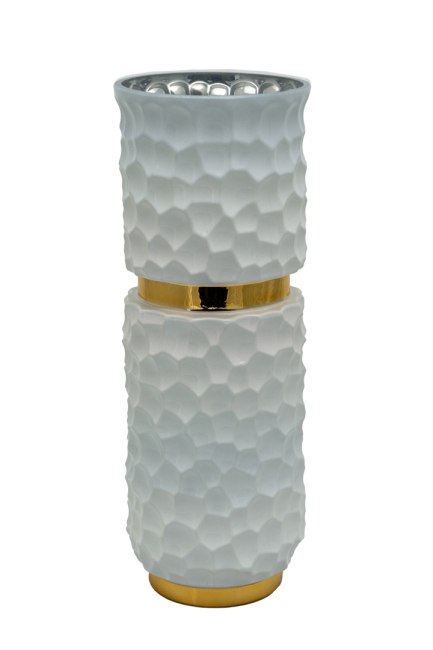 DECORATIVE GLASS VASE HANDMADE WHITE WITH GOLD CYLINDRICAL WITH 20CM HEIGHT AND 12CM