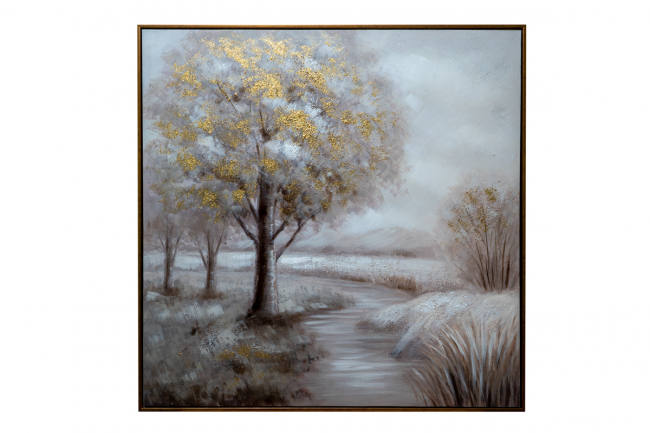 TABLE GOLD COFFEE TREE ON CANVAS WITH RIVER AND GOLD FRAME.SIZE WITH FRAME 82,5X82, 5X3, 5CM